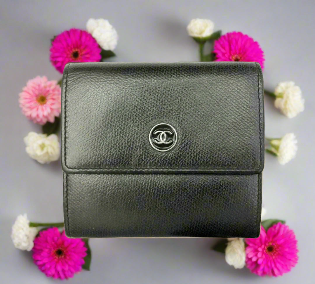 CHANEL Coco Button Leather Trifold Wallet with COA