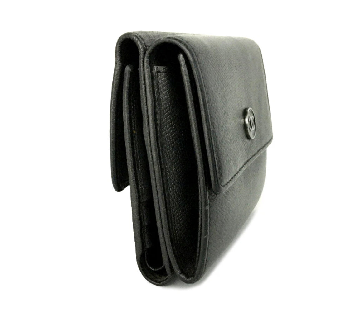 CHANEL Coco Button Leather Trifold Wallet with COA