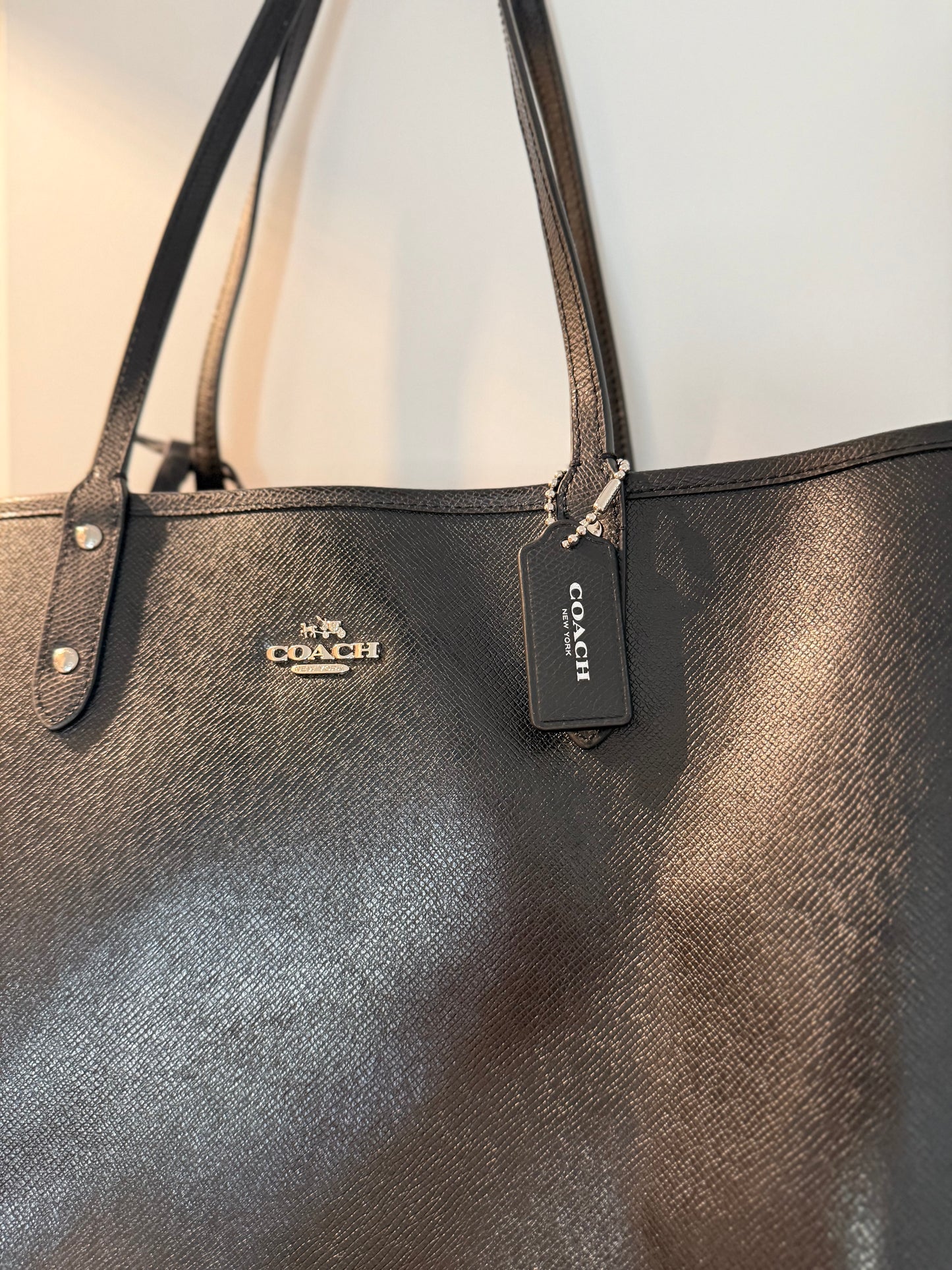 Coach Reversible City Tote with Pouch – Black & Purple Floral Interior – Like New