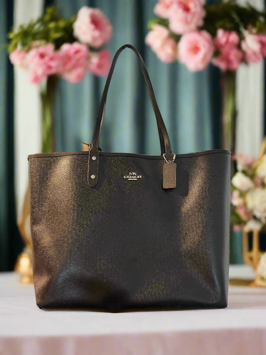 Coach Reversible City Tote with Pouch – Black & Purple Floral Interior – Like New