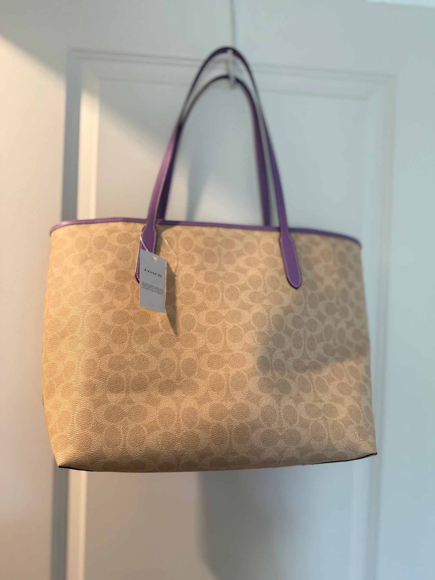Coach Signature City Tote in Tan with Purple Trim – NWT