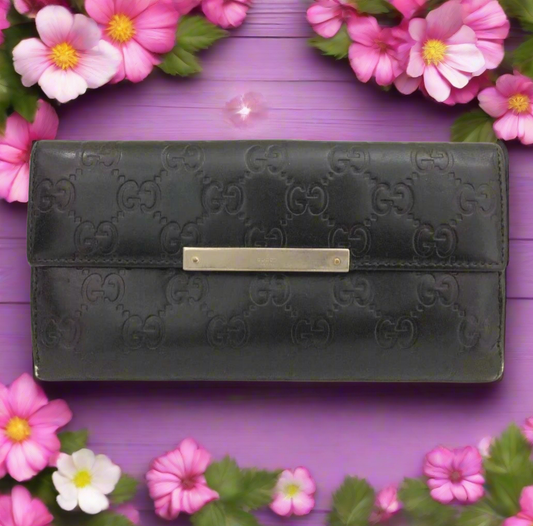 GUCCI Guccissima GG Logo Black Leather Long Bifold Wallet with COA